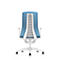 Back view of an office chair in blue and white, on a white background. The chair has wheels.