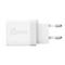 Adaptateur secteur blanc avec texte "j5create". Deux broches rondes sont attachées.