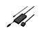 Schwarzes Netzteil mit Kabeln und Stecker. Oben links ein USB-C-Anschluss, unten ein USB 2A Anschluss.