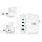 Un chargeur blanc avec plusieurs ports, à côté de deux adaptateurs. Le chargeur indique 70W GaN.