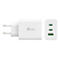 Weißes Ladegerät mit EU-Stecker und drei USB-Anschlüssen. Aufschrift: j5create, PD 65W, QC 30W.