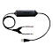 Un câble Jabra noir, avec connecteur USB, deux fiches téléphoniques et un boîtier central avec lettrage Jabra.