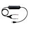 Câble Jabra noir, connecteur USB, deux connecteurs téléphoniques et unité de contrôle, le tout sur fond blanc.