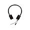 Casque noir avec écouteurs, détail orange et microphone, sur fond blanc.