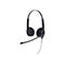 Casque noir avec microphone flottant sur fond blanc.