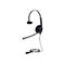 Schwarzes Headset mit Mikrofon. Ohrmuschel und Mikrofon sind gepolstert. Kabelanschluss mit Stecker.