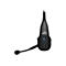 Schwarzes Bluetooth-Headset mit Mikrofon und Logos. Das Headset hat eine gebogene Form und Bedientasten.