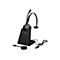 Schwarzes Headset mit Ladestation, USB-Kabel und Bluetooth-Adapter, von Jabra.