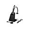 Schwarzes Headset mit Ladestation. Auf der Station befindet sich ein Logo. USB-Kabel und EmpfÃ¤nger.