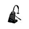 Schwarzes Jabra-Headset mit Ladestation. Die Ladestation zeigt Uhrzeit und Akku-Anzeige. Das Headset hat ein Mikrofon.