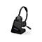 Schwarzes Jabra-Headset mit Ladeschale, auf weißem Hintergrund. Auf der Ladeschale wird die Uhrzeit und der Akkustand angezeigt.
