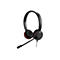 Casque noir avec serre-tête et microphone. Accents rouges sur les écouteurs. Filaire.