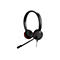 Casque noir avec microphone. Accents rouges sur les écouteurs, étiquette "Jabra".