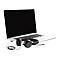 Grauer Laptop mit schwarzem Bildschirm und schwarzem Headset.