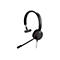 Un casque noir avec un serre-tête et un microphone sur fond blanc. Le logo Jabra est visible sur l'écouteur.