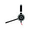 Schwarzes Jabra-Headset mit Mikrofon, rotem Kabel und silbernen Akzenten, vor weiÃŸem Hintergrund.