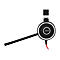 Schwarzes Jabra-Headset mit Mikrofon. Der runde Kopfhörer hat einen silbernen Rand und das Jabra-Logo. Ein rotes Kabel. Auf weißem Hintergrund.