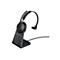 Schwarzes Headset mit Basisstation, Jabra-Logo. Auf weißem Hintergrund.