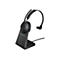 Schwarzes Jabra-Headset auf Ladestation mit grünem Licht.