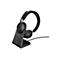 Schwarzes Jabra Headset, das auf einer Ladestation steht. Auf dem Headset und der Ladestation ist das Jabra Logo sichtbar.