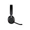 Schwarzes Jabra-Headset mit Mikrofon, auf weißem Hintergrund. Der Schriftzug "Jabra" ist am Bügel zu sehen.