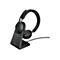 Schwarzes Jabra-Headset auf Ladestation, Logo sichtbar.