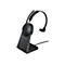 Schwarzes Jabra-Headset mit Ladestation, Mikrofon und Firmenlogo auf weißem Grund.