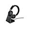 Schwarzes Jabra-Headset auf einer Ladestation, weißer Hintergrund.