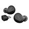 Drahtlose schwarze Jabra-Ohrhörer mit USB-C-Stecker. Der Schriftzug "Jabra" ist auf den Ohrhörern und dem Stecker zu sehen.