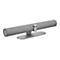 Graue Jabra Soundbar, rund, Stoffmuster, silberner Standfuß.