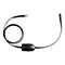 Ein schwarzes Jabra-Headset-Kabel auf weißem Hintergrund.