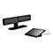 Videokonferenz-Soundbar mit Tablet; schwarze Soundbar mit Kamera, Tablet auf Ständer.