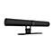 Schwarze Soundbar auf einem schwarzen Ständer, mit Jabra-Logo. Runde Enden, Stoffstruktur.