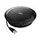 Haut-parleur de conférence Jabra noir avec câble USB. Forme ronde, haut-parleur perforé, commandes et logo.