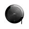 Haut-parleur Jabra rond noir avec logo et boutons, voyant bleu allumé. Connexion par câble.