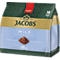 Packung Jacobs Mild Crema Pads für 18 Portionen in grüner und hellblauer Optik mit Kaffeebohnenmotiv.