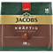 Jacobs Kräftig Crema Kaffeepads in brauner Verpackung mit goldener Schrift und Logo, 18 Stück.