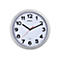Analoge Wanduhr mit silbernem Rahmen, weißem Ziffernblatt, schwarzen Ziffern und rotem Sekundenzeiger.