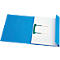 Blauwe map, open, met wit papier en een groene sluiting. De linkerkant van de map is open.