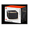 Schwarzer JBL Authentics 200 Lautsprecher mit Goldakzenten vor einer weißen Verpackung mit orangefarbenem Deckel.