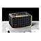 Schwarzer JBL Lautsprecher im Retro-Design mit goldfarbenem Rahmen auf reflektierender Oberfläche.