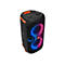 Schwarzer Bluetooth-Lautsprecher mit orangefarbenen Akzenten, LED-Beleuchtung und JBL-Logo. 