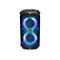 Dunkler Bluetooth-Lautsprecher mit leuchtenden blauen und grünen Mustern. Auf der Vorderseite befindet sich das JBL-Logo.