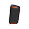 Schwarzer Bluetooth-Lautsprecher mit orangefarbenen Akzenten. JBL-Logo, rechteckige Form, leicht schräg vor weißem Hintergrund.