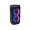 Schwarzer JBL-Bluetooth-Lautsprecher mit blau-pinkfarbener Lichtshow.