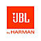 Das weiße JBL Logo auf orangem Quadrat mit dem Zusatzschriftzug by HARMAN in Orange.