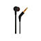 Schwarze JBL-In-Ear-Kopfhörer mit goldfarbenem Klinkenstecker, Detailaufnahme vor weißem Hintergrund.