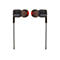 Schwarze In-Ear-Kopfhörer mit orangen Ohrstöpseln und feinen Kabeln.