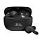 Schwarze JBL In-Ear-Kopfhörer mit offenem Ladecase vor weißem Hintergrund.