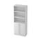 White bookcase with open shelves and double doors, standing vertically.